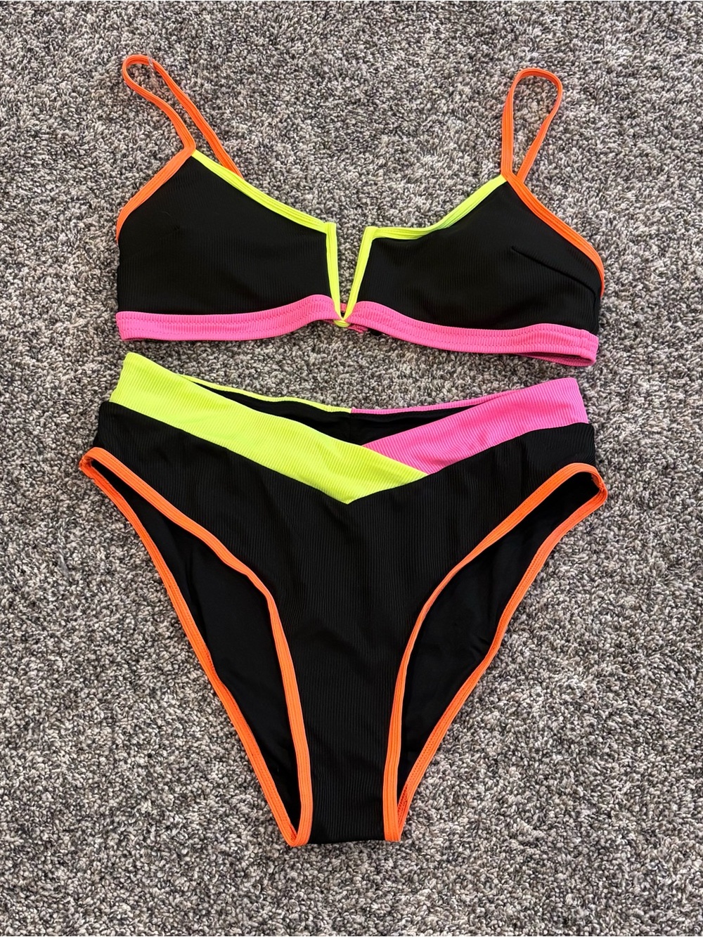 Black Neon Trim V-Notch Bikini Set - Pink & Lime Accents